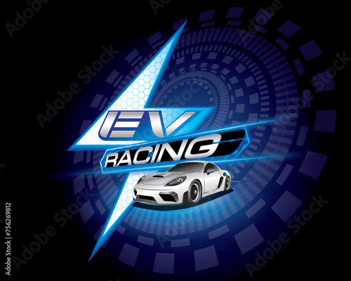 Design logo concept Racing with Power cable pump plug in charging power to electric vehicle EV car.