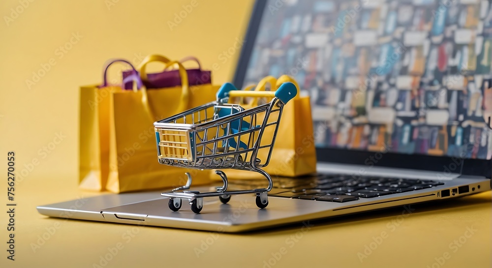 Shopping cart shopping bag laptop for online shopping promoting sales offers online e commerce 