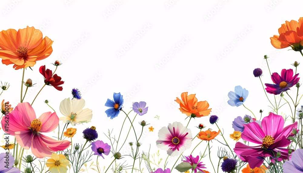 Spring flowers on the white  background and center white. 