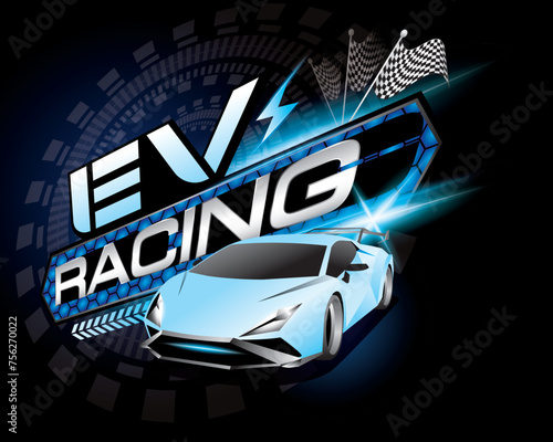 Design logo concept Racing with Power cable pump plug in charging power to electric vehicle EV car.