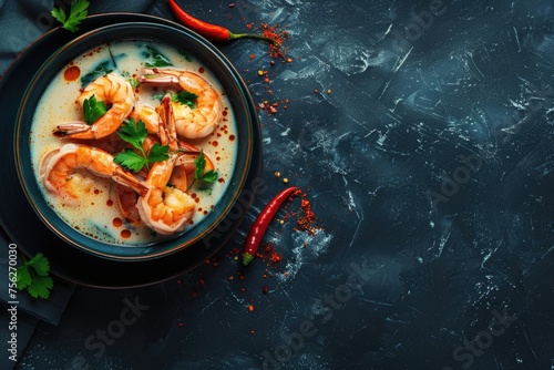 Spicy shrimp soup in a dark bowl on a dark background.