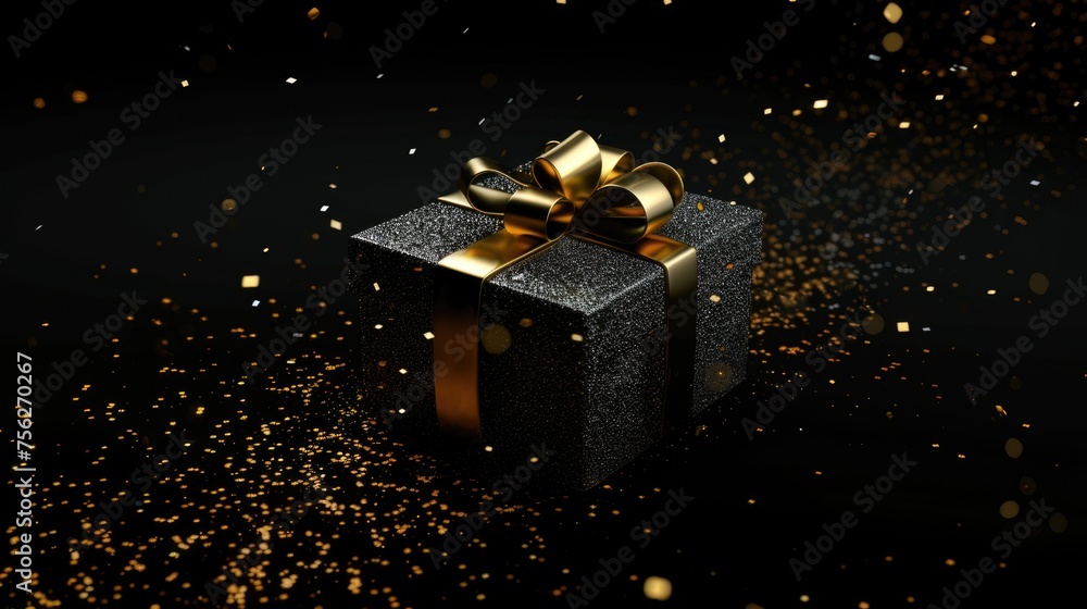 Glittering black gift box with golden bow on dark background with golden sparkles Glittering black gift box with golden bow on dark background with golden sparkles