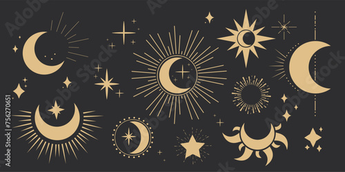 Set gold mystic moon celestial astrology magic element with rays, stars, burst minimal line tattoo, border or decoration isolated on dark background. Space symbols, emblem.