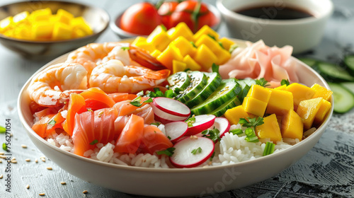 Hawaiian poke bowls on the table with shrimps or prawns, seafood, salad, cucumbers tomatoes rice, fish with sauce. photo