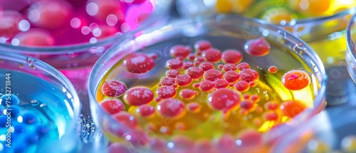 High-resolution close-up of colorful bacteria colonies in a petri dish