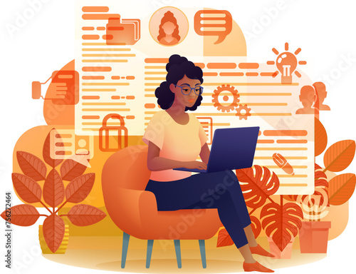 Woman, person, remote working on laptop computer writing document possibly a resume or cv for online internet job search application recruitment agency website cartoon illustration.