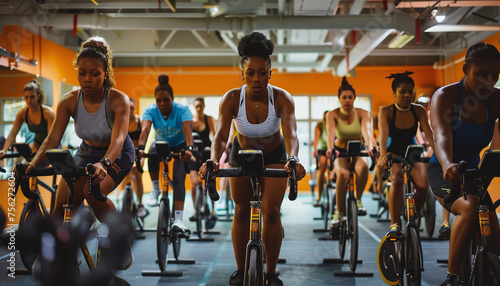group of woman make cycling in gym