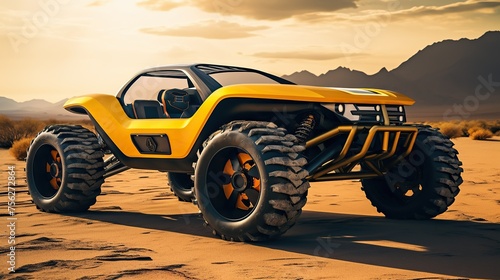 large yellow four-wheeled vehicle in the desert in summer