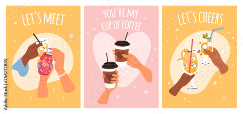 Hands clink glasses. Cheers with cocktails. Takeaway coffee cups. Soda can or lemonade. Birthday party. Arms holding goblets. Friends meeting. Celebrating toast. Garish vector cards set