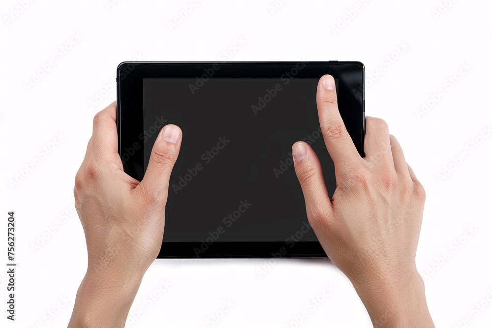 Hands touching blank screen of black tablet computer, isolated on white background, hand holding tablet Hands touching blank screen of black tablet computer, isolated on white background, hand holding tablet