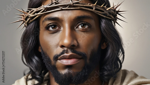 Dark-skinned Jesus. Black Jesus of Nazareth with crown of thorns on his head. Close-up of the son of god with an intense and good look. Faith, Christianity and sacred portraits. photo