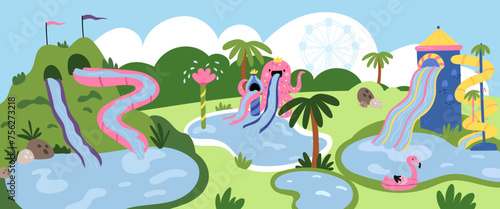 Empty water park. Aqua attractions. Swirling slides. Color plastic high speed aquatic descents in swimming pool. Family holidays fun. Outdoor amusement waterpark. Garish vector concept