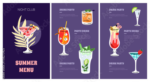Cocktail menu. Alcohol drinks list with volume and composition. Bar brochure template. Exotic party beverages. Cold mojito. Refreshing pine colada. Margarita glass. Garish vector concept