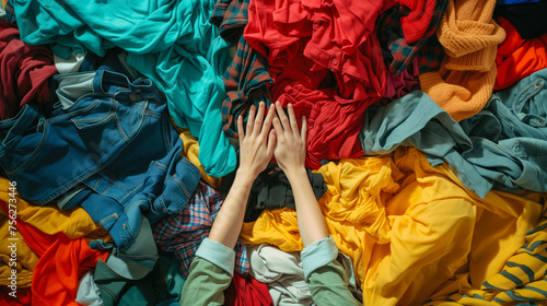 Top angle. Women's hands on pile colorful clothes. Revision clothing at home. Disorder and mass. Shopaholic, female wardrobe, nothing to wear. Household and laundry concept. Problem excess consumption