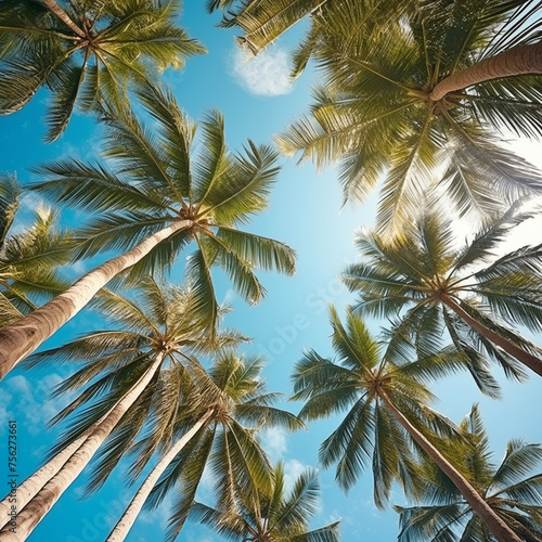 Coconut palm tree leaves and blue sky