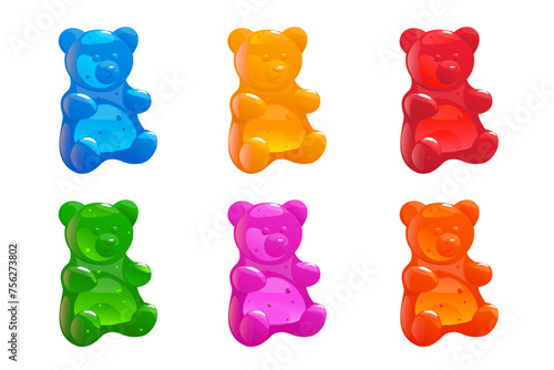 Cartoon colored jelly bears. Chewing marmalade. Fruit gummy. Kids chewy sweets. Animal shaped desserts. Elastic bright candies. Delicious gelatin snacks. Vector yummy confectionery set
