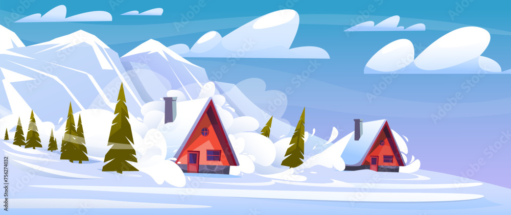 Avalanche on residential settlement. Natural danger disaster. Houses destruction. Elemental calamity. Snow descent from mountains. Winter season catastrophe. Cold landscape. Vector concept
