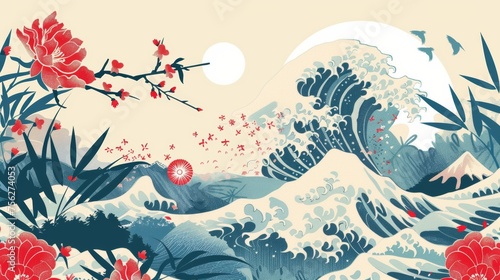 Background modern in Japanese style with Asian icons and symbols. Oriental poster design template with peony flower  wave  sea and bamboo elements.