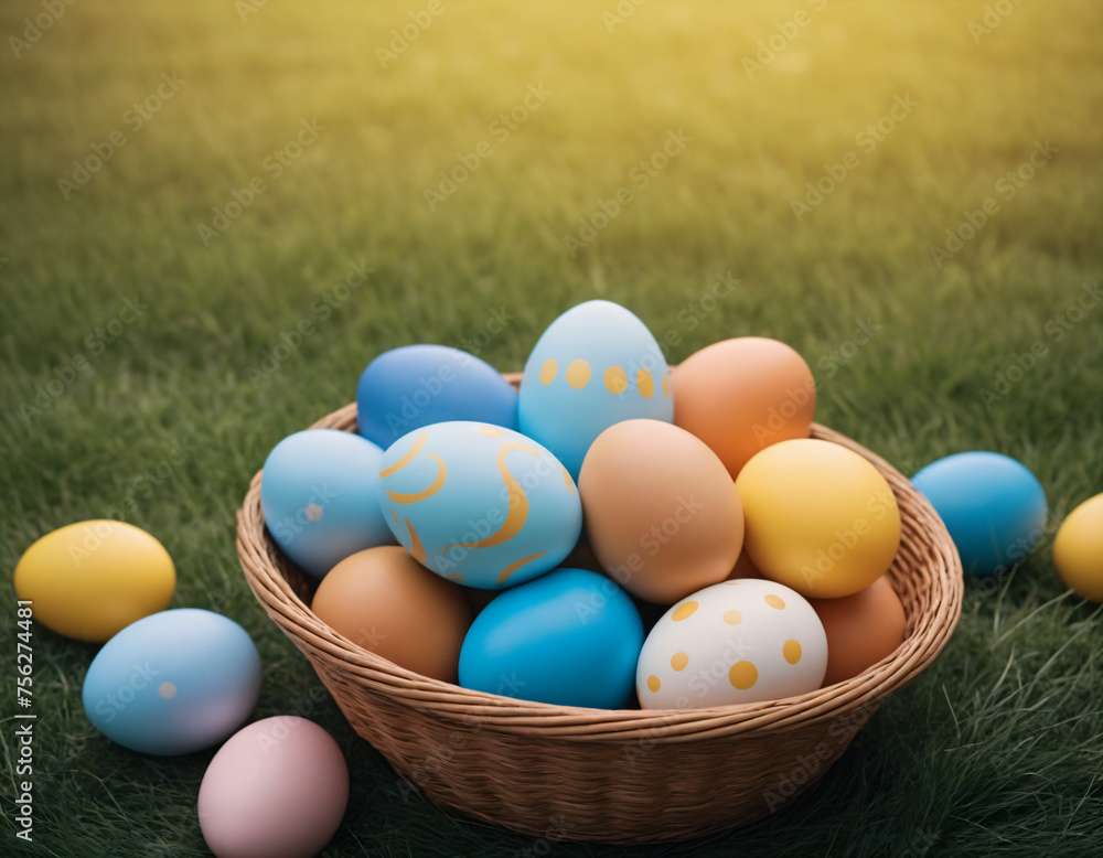Easter eggs in a basket. Multicolored eggshells with patterns and patterns for the holiday. Easter eggs on green grass. 