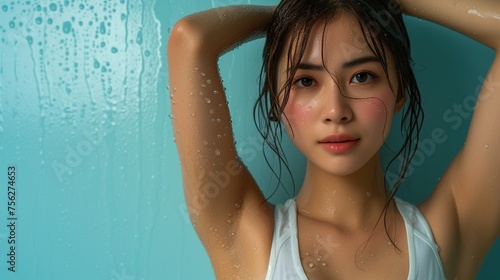 Portrait of young Asian woman show her armpit isolated on light blue background. photo