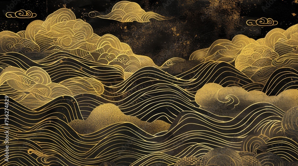 Modern Japanese background with wave lines with gold texture. Perfect for presentations, posters, CD covers, brochures, website backgrounds, banner ads, and more.