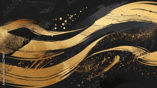 A vintage brush layout design with Japanese background. Gold brush stroke element modern. Abstract black banner. photo