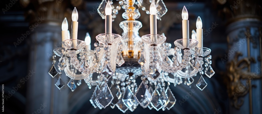 Close-up of an elegant crystal chandelier with a glamorous backdrop.