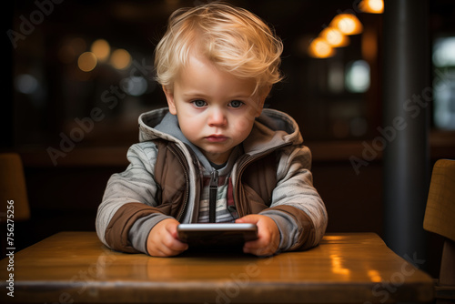 Technology danger and warning. Where is our world going? Unhappy hypnotized infant baby looking at mobile or tablet device. Technological problems of modern society.