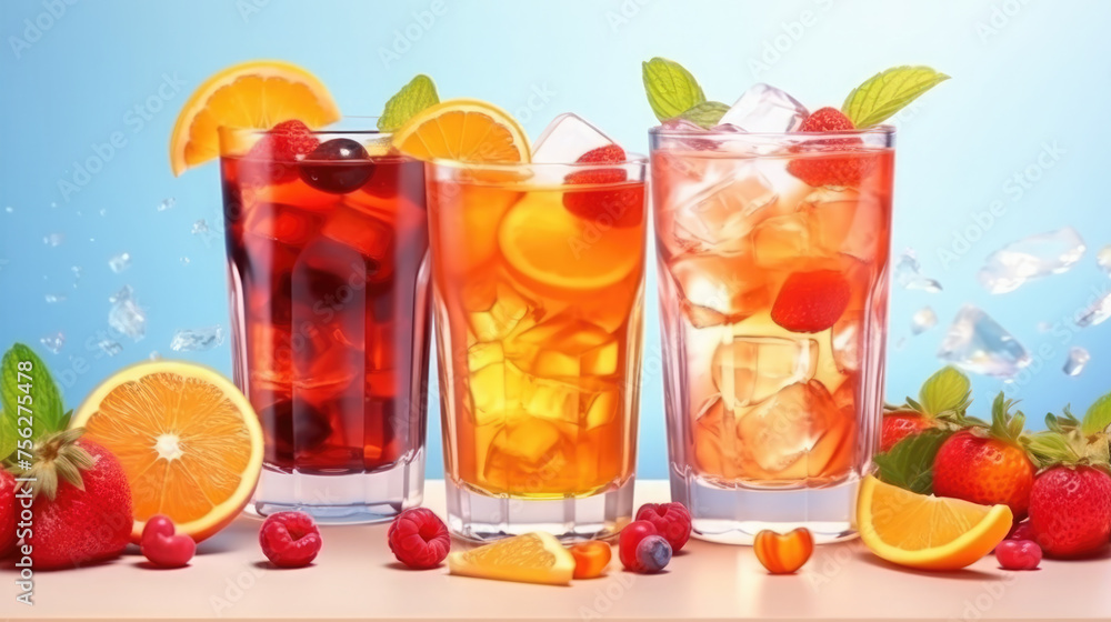 Summer juicy drinks in glasses with ice and pieces of fruits, cooling drink in hot weather, generative AI Summer juicy drinks in glasses with ice and pieces of fruits, cooling drink in hot weather, generative AI