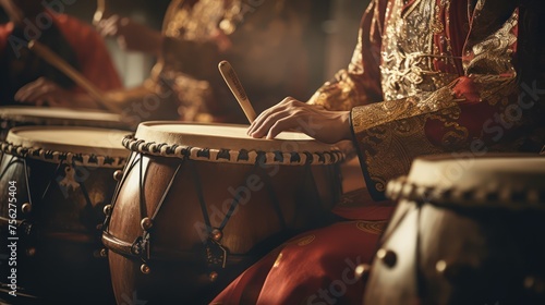 Close-up of an ancient Chinese man playing a large Chinese drum. Wear Chinese national costume A strong drummer committed to playing the big drum and the wooden drum. photo