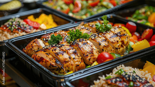 Take away or canteen self service food in trays, including grilled chicken, salad, rice, greens, dark background.