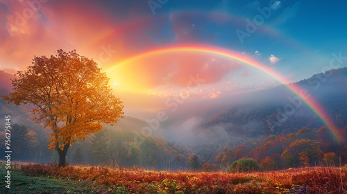 Vibrant rainbow arching over a misty valley natures colors vivid against a clearing sky