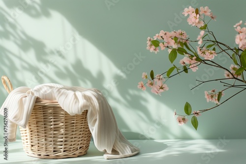 wicker laundry basket with flowers in the interior  on blue background