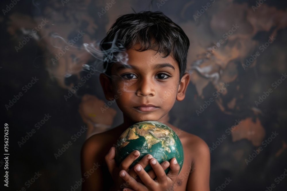 Naklejka premium Indian Boy with Globe Concept on Environmental Conservation