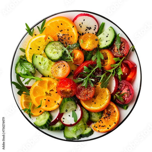 The image displays a vitamin salad filled with tomatoes, cucumber, and greens, emphasizing the importance of a healthy lifestyle against a white background.