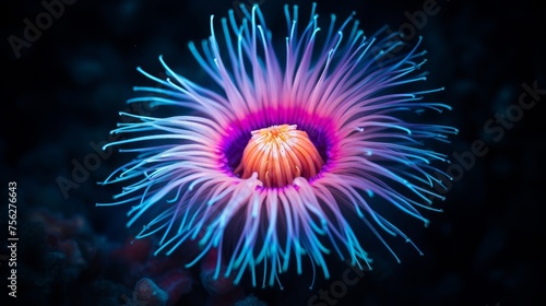 Vibrant undersea tropical fluorescent sea anemone in deep sea coral reef ecosystem