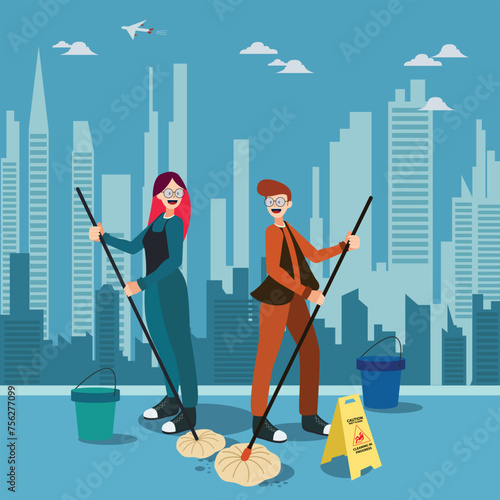 flat design illustration office man and women cleaning the floor with floor mop and equiped caution wet floor warning