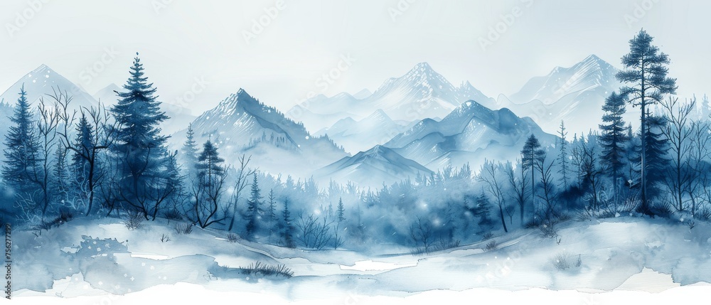 Watercolor drawing of a winter scene. Background design for invitation, cards, social media, ad, cover, sale banner, and invitation.