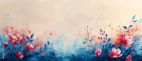 The watercolor art background modern features a winter flower paint brush line art design with a blue, pink, ivory, beige earth tone for prints, wall art, covers, and invitations ... © Mark