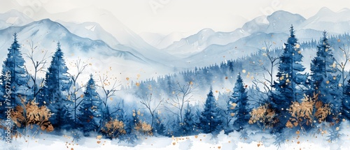 Modern winter background. Hand painted watercolor and gold brush texture, flower and botanical leaves hand drawing. Abstract design for wallpaper, wall arts, cover, wedding and invitation card. © Mark