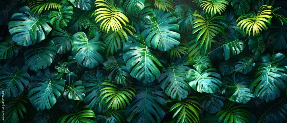 Green tropical tree background in hand drawn pattern with monstera leaves and palm leaves. Exotic plant background for banners, prints, decor, and wall art.