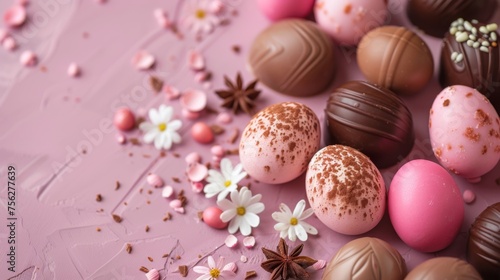 Easter decoration colorful chocolate eggs on pink background with copy space. Beautiful colorful easter eggs. Happy Easter. Isolated.