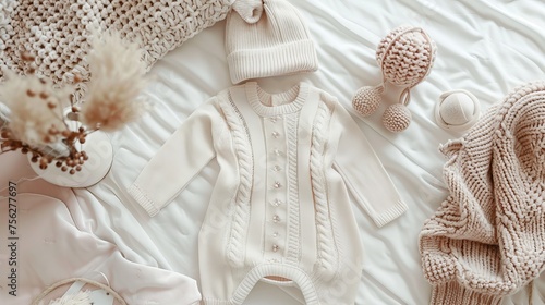 Set of baby rompers, hat, hairband and knitted jumper on white bed. Fashion baby clothes and accessories. Flat lay, top view --ar 16:9 Job ID: 1af9156d-8198-47c8-8710-8786c78b2699