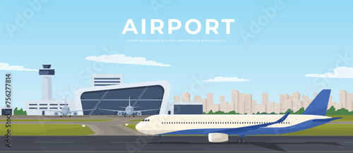 International and regional airport. Runway with an airplane and a control tower. Vector illustration