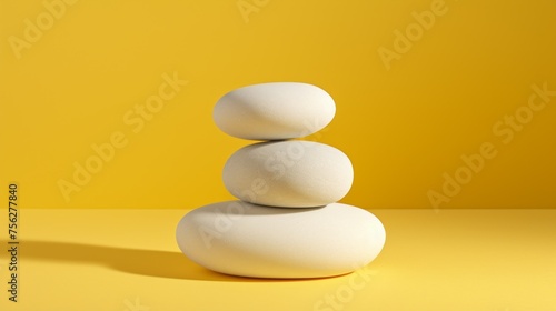 Close-up of a stack of white rounded stones on a bright yellow background with a copy space. Horizontal Layout, Template for the Presentation of Spa products, cosmetics.