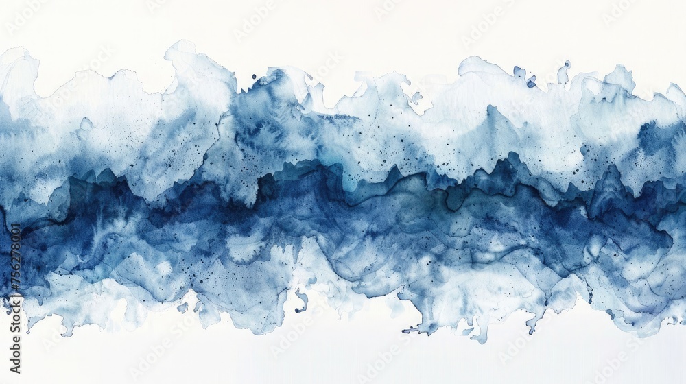 A fluid watercolor illustration with blue ink creating an abstract wave pattern on a pristine white background