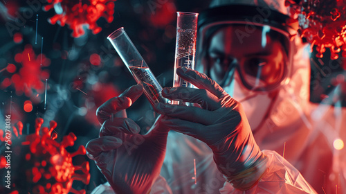 a virologist doctor holds a test tube with a virus photo