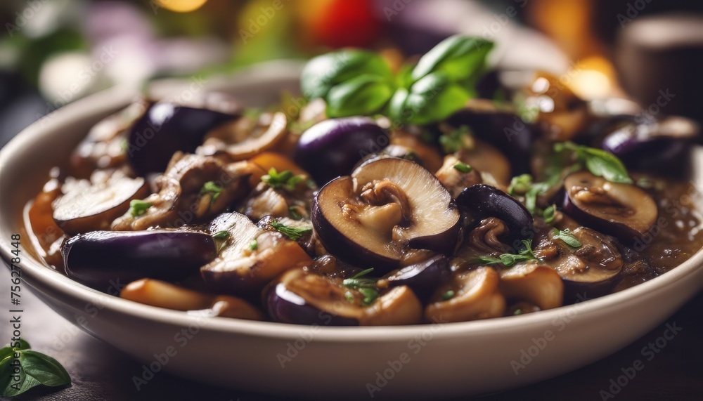 Fototapeta premium Saute with mushrooms, eggplant, aubergines and basil. Vegetable stew