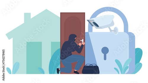 An intruder is trying to break into a house that is connected to a security system with a video surveillance camera. Criminals in black dark clothes are doing illegal activities. Vector illustration