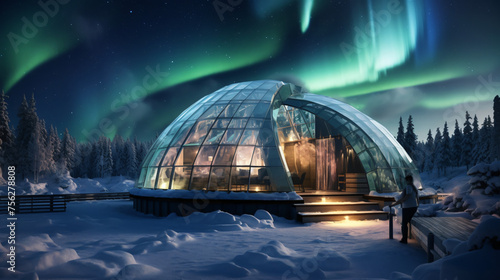 Igloo ice hotel with aurora borealis during magic winter